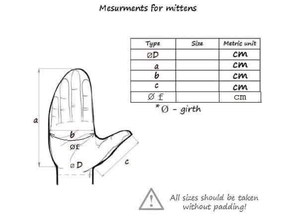 hand measurements palm chart mitten