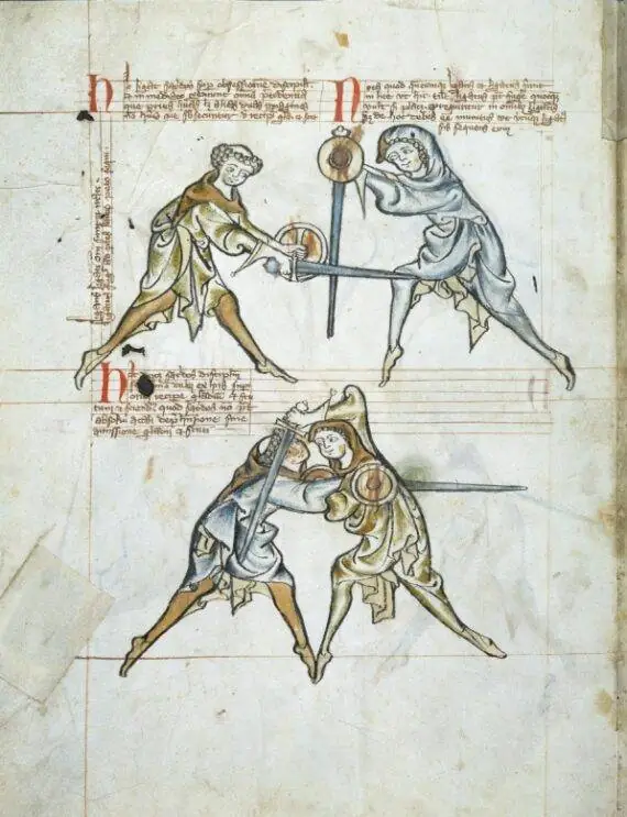 Fol. 4v of Royal Armouries MS I.33, a combat manual on fighting with sword and buckler, c. 1300.