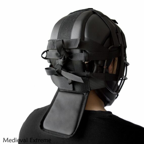 Soft armor training helmet on fighter from back