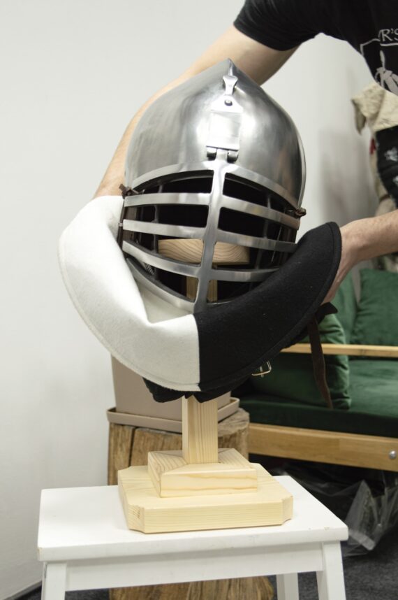 Wooden medieval helmet stand with helmet