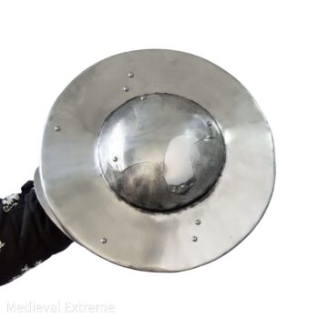 Hardened steel buckler with cross in hand