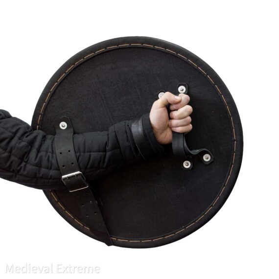 Round shield for armored combat in hand inside