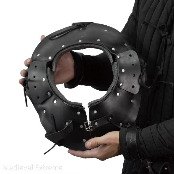 Black leather buhurt gorget in hands from above