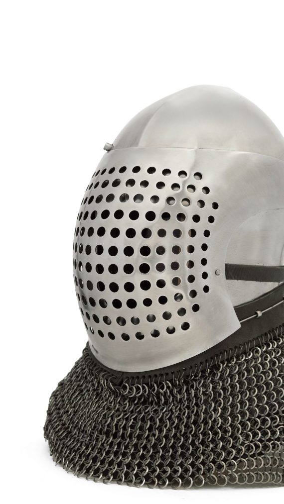 Tournament bascinet - collander, cheese grater visor view