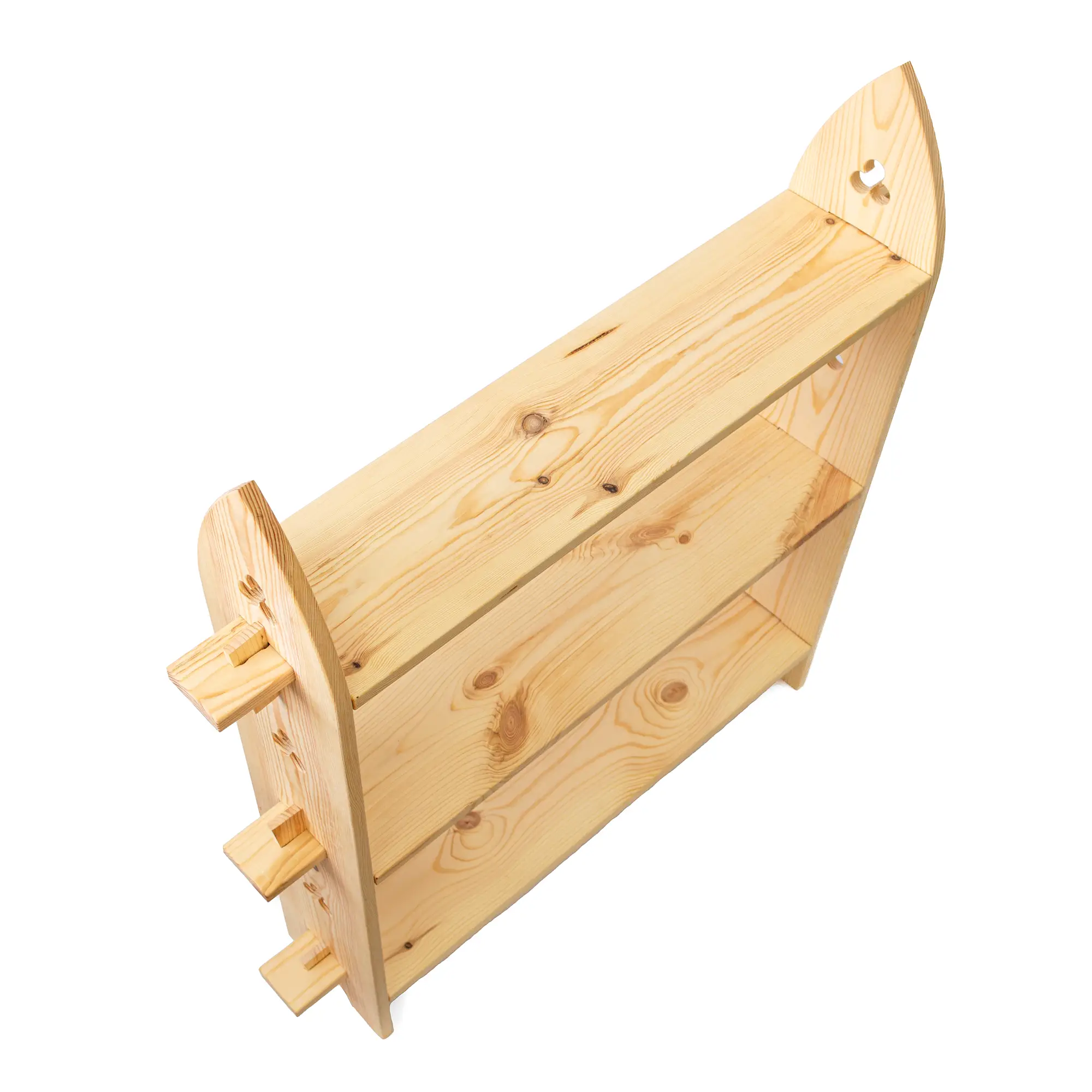 Medieval wooden bookcase with Gothic arch design and 3 shelves for reenactment use from the top