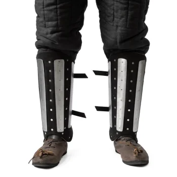 Basic splinted greaves with vertical steel plates and ankle protection for medieval combat front