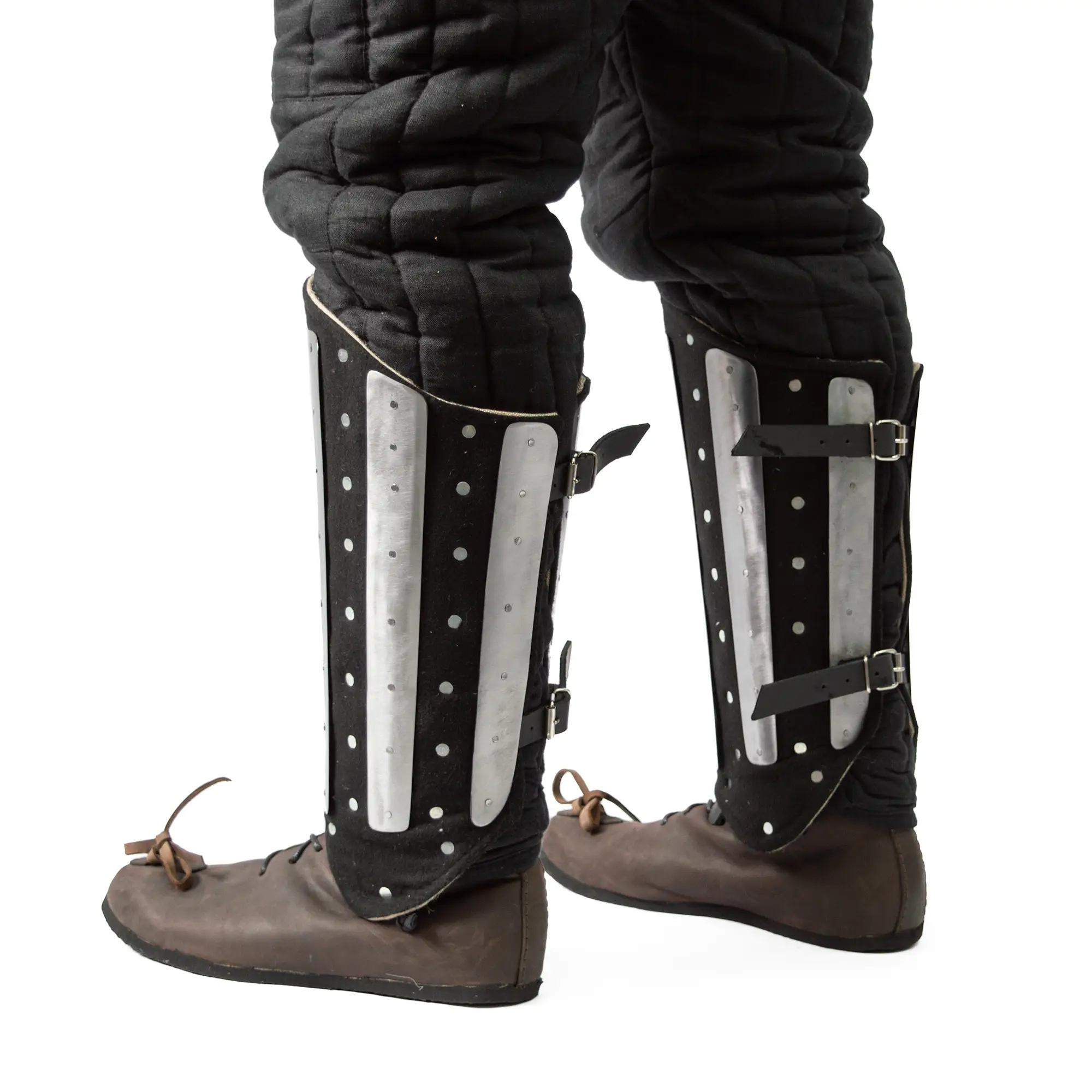 Basic splinted greaves with vertical steel plates and ankle protection for medieval combat 3/4 back
