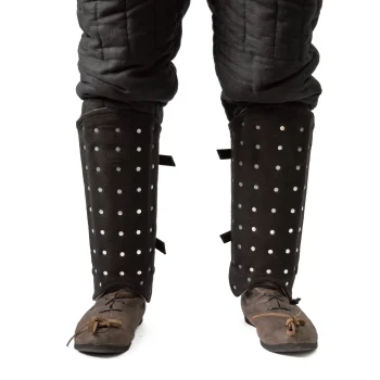 Brigandine greaves with overlapping plates and ankle protection for medieval combat front