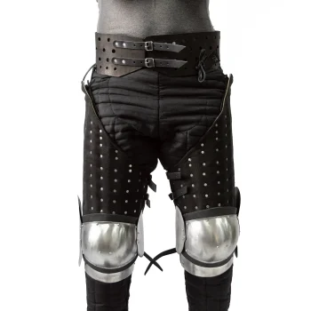 Brigandine floating cuisses with hardened steel knees and floating plate for medieval combat front
