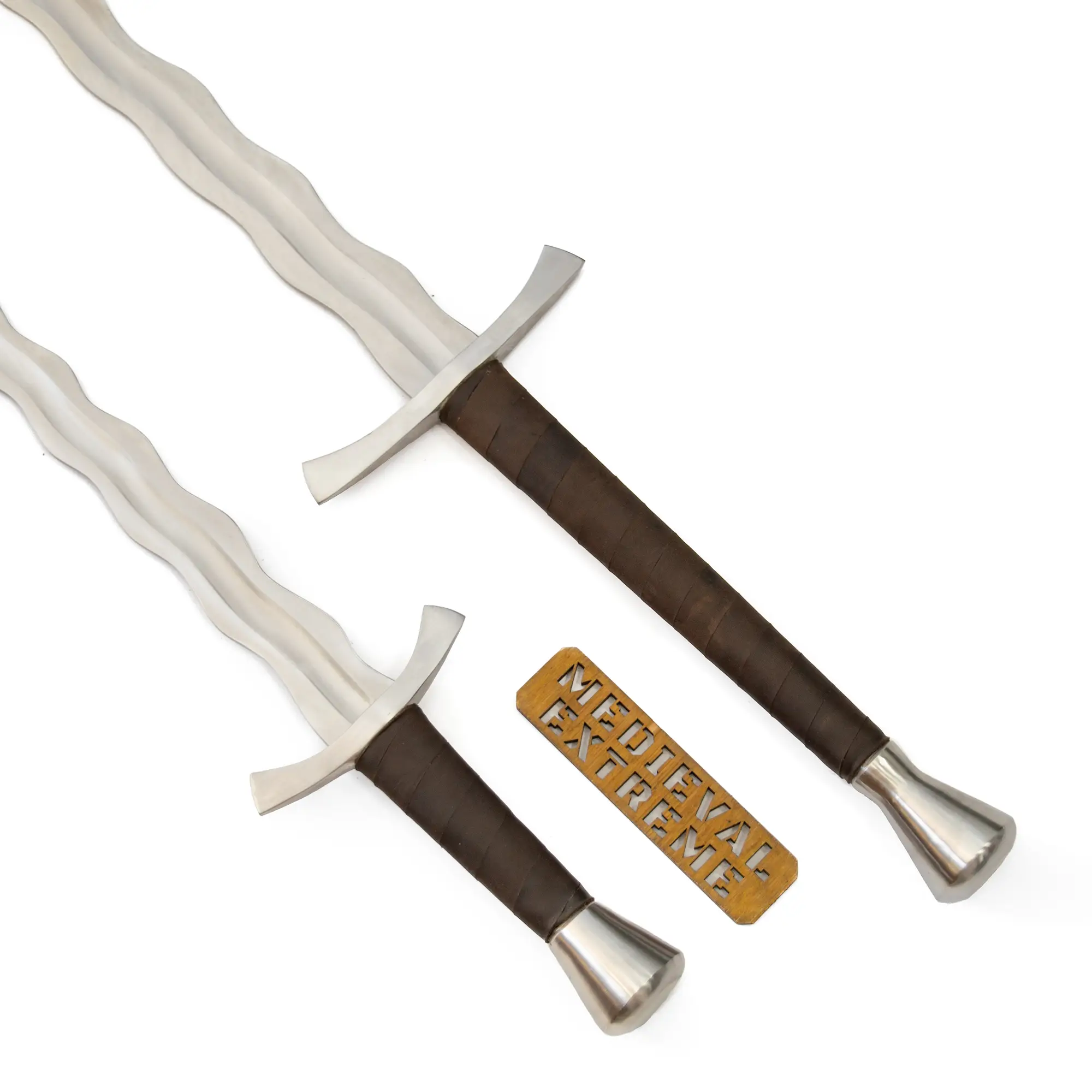 Flamberge swords bundle – longsword and one-handed flame-bladed swords for medieval combat handles
