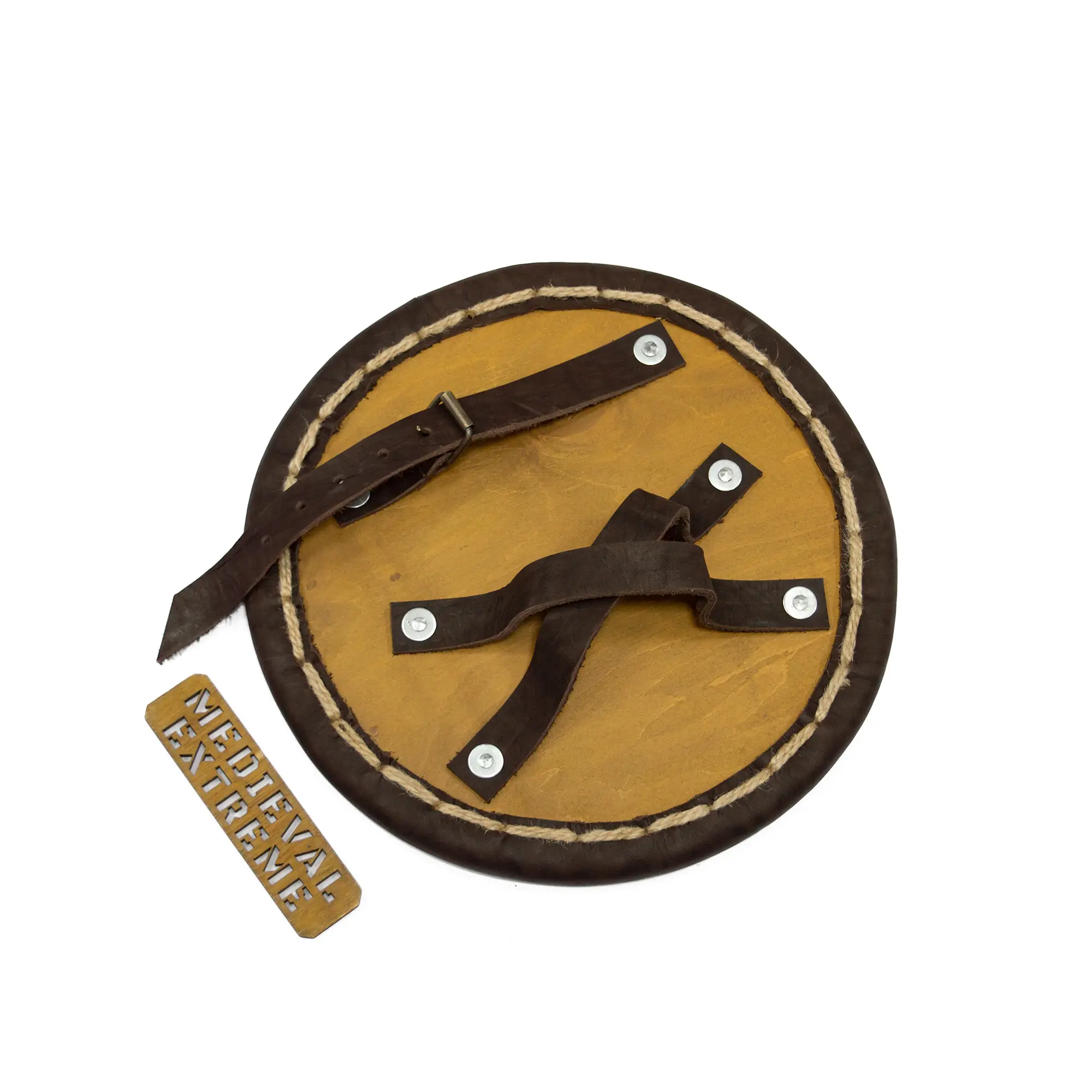 Wooden buckler – leather-covered duel shield for medieval armored combat from inside