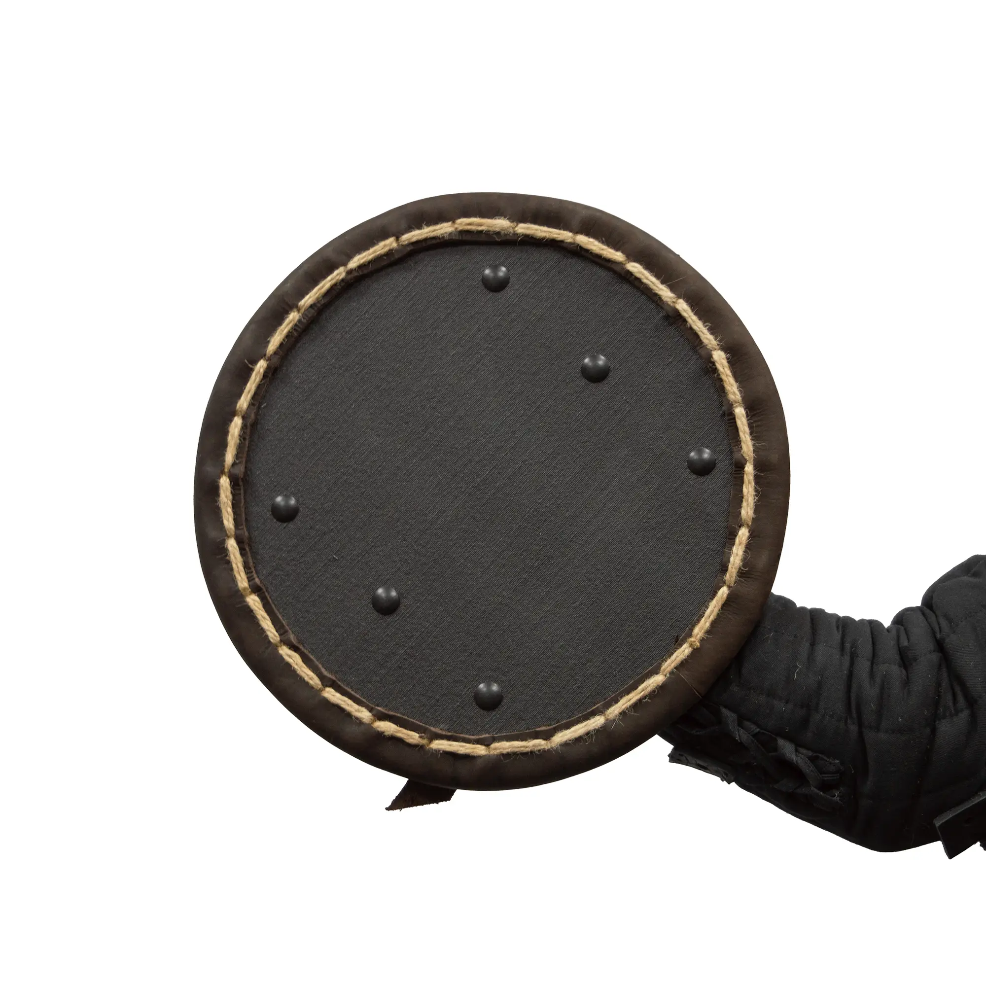 Wooden buckler – leather-covered duel shield for medieval armored combat in hand