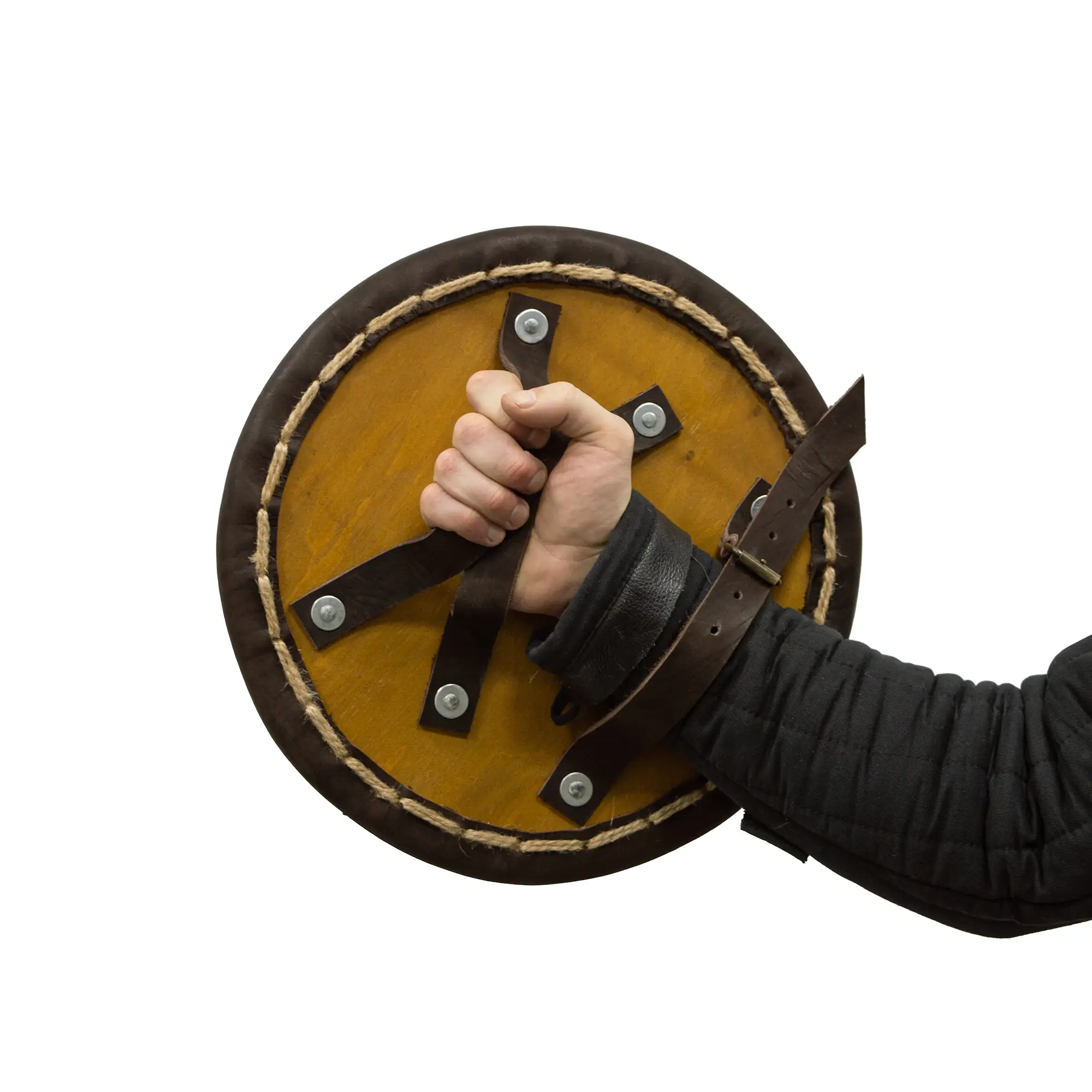 Wooden buckler – leather-covered duel shield for medieval armored combat from inside