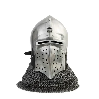 Marburg bascinet helmet with hardened steel visor and riveted chainmail front
