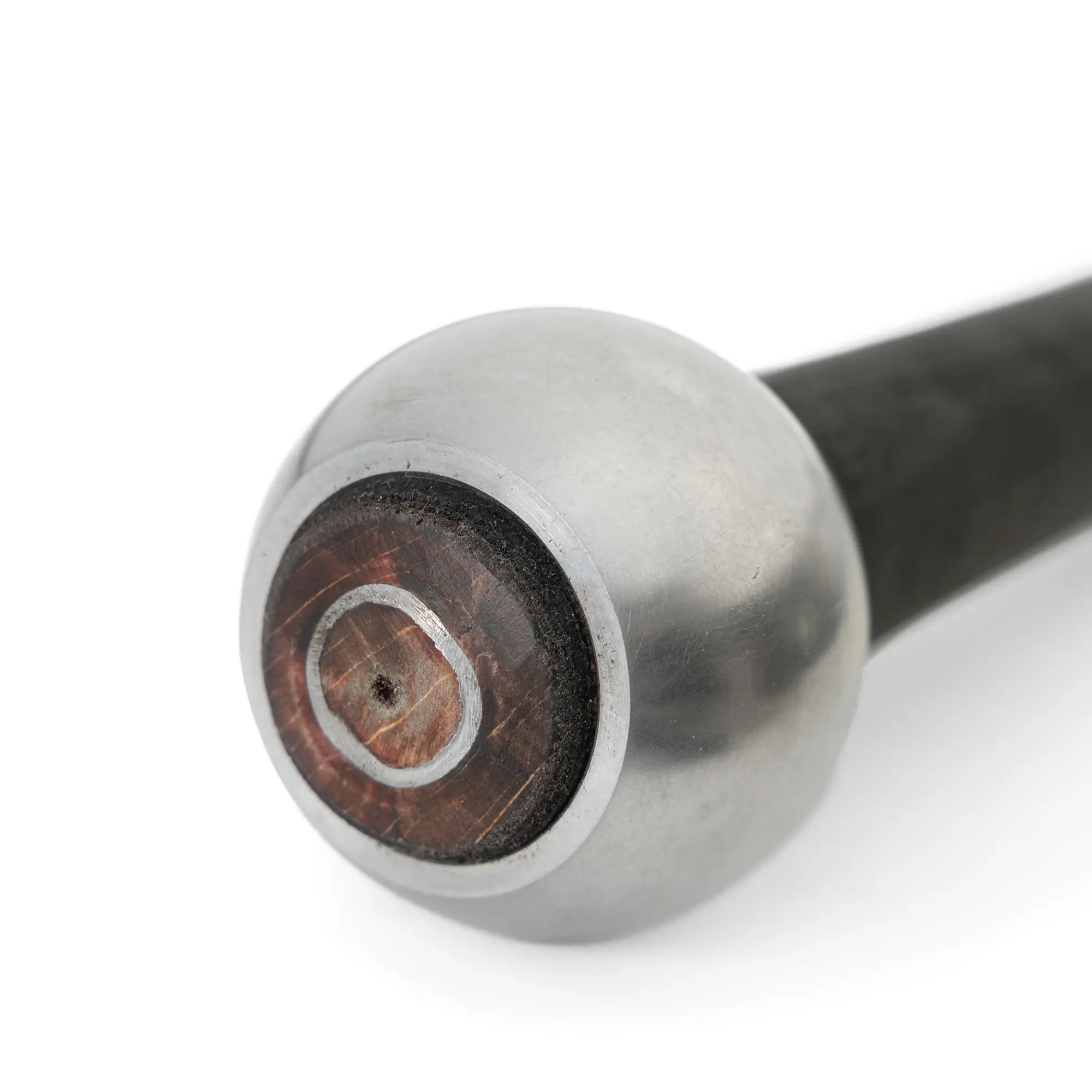Ball mace for armored combat with blackened haft and riveted head head pin
