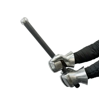 long ball mace for armored combat with polished steel ball head and black painted shaft in hands