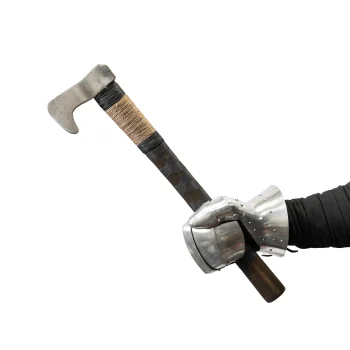 buhurt axe for armored combat with reinforced wooden shaft and riveted steel head in hand