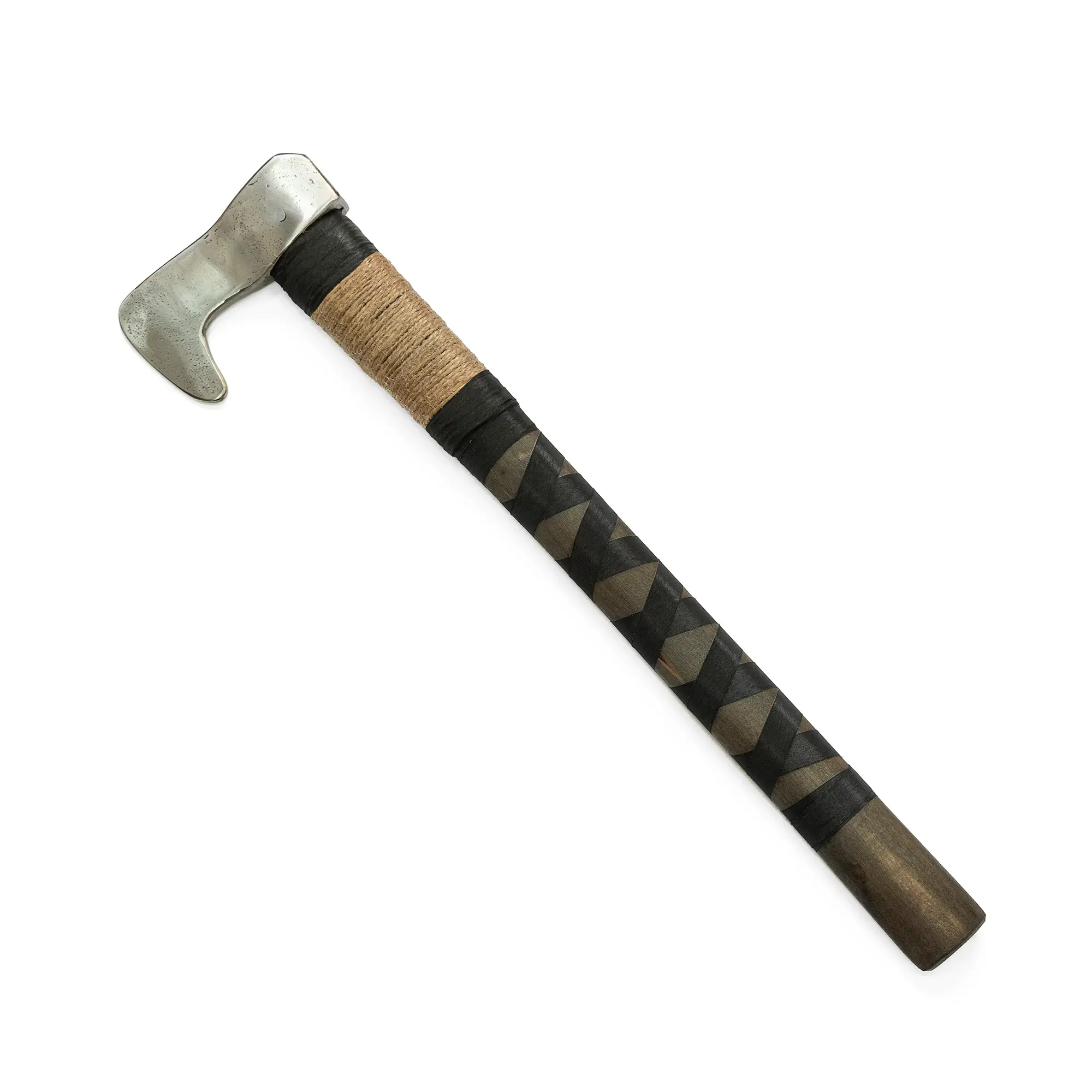 buhurt axe for armored combat with reinforced wooden shaft and riveted steel head full length