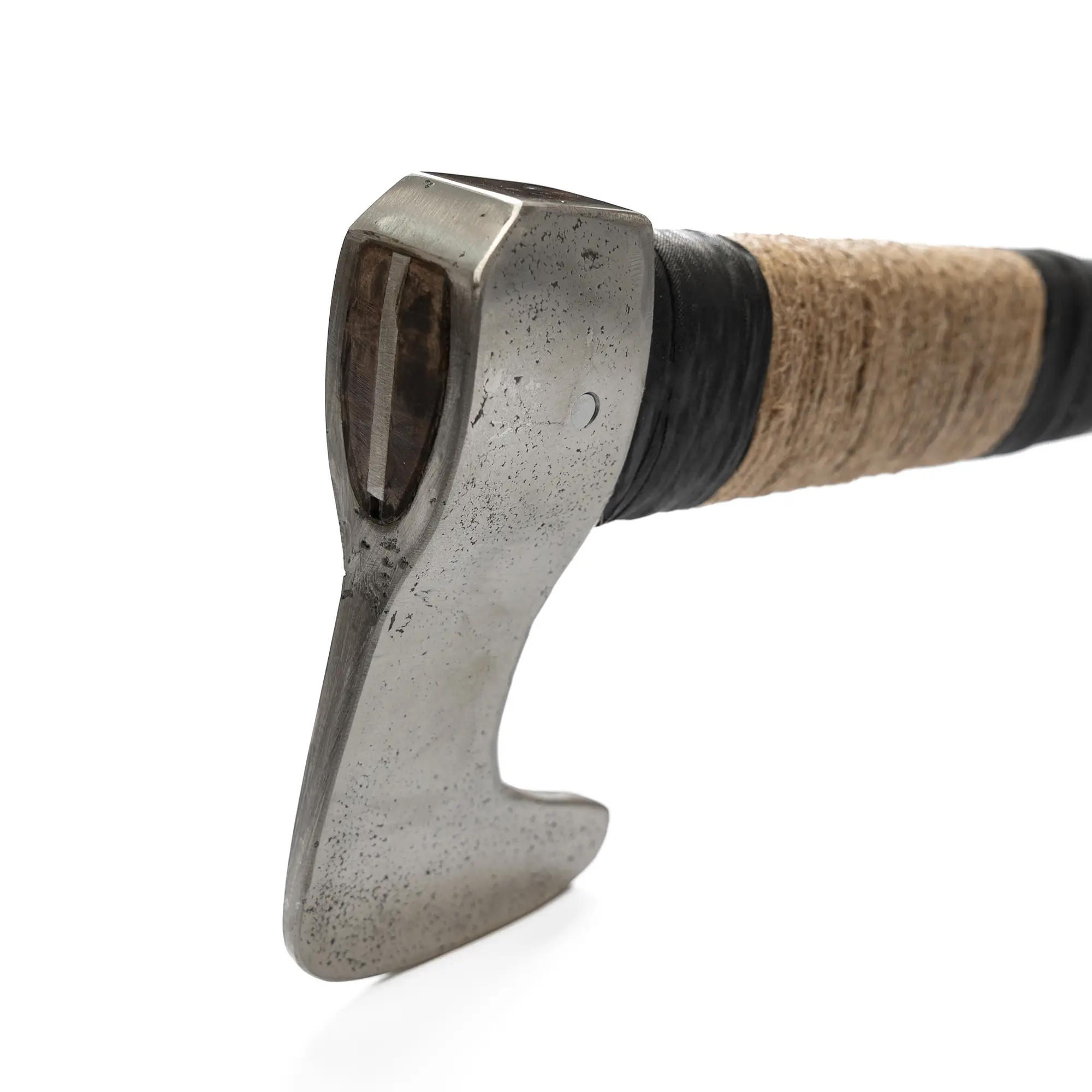 buhurt axe for armored combat with reinforced wooden shaft and riveted steel head pin