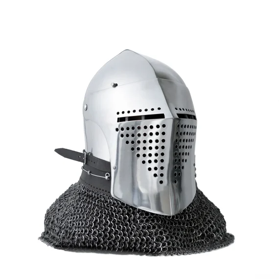 Spoleto bascinet helmet for armored combat with flat visor and riveted chainmail aventail 3/4