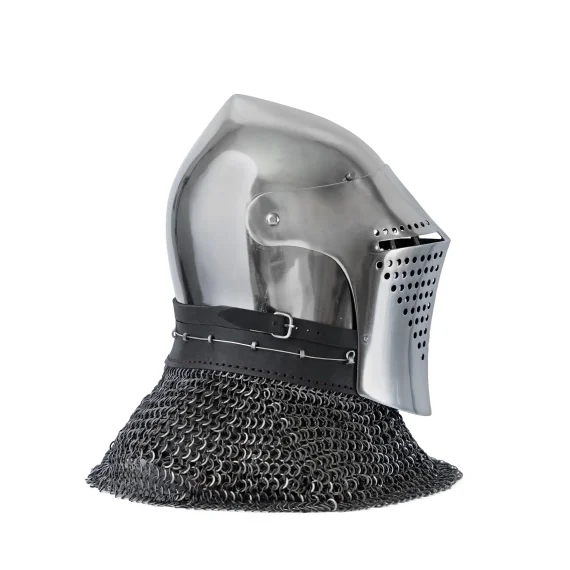 Spoleto bascinet helmet for armored combat with flat visor and riveted chainmail aventail side