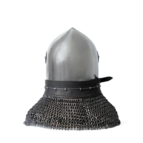 Spoleto bascinet helmet for armored combat with flat visor and riveted chainmail aventail back