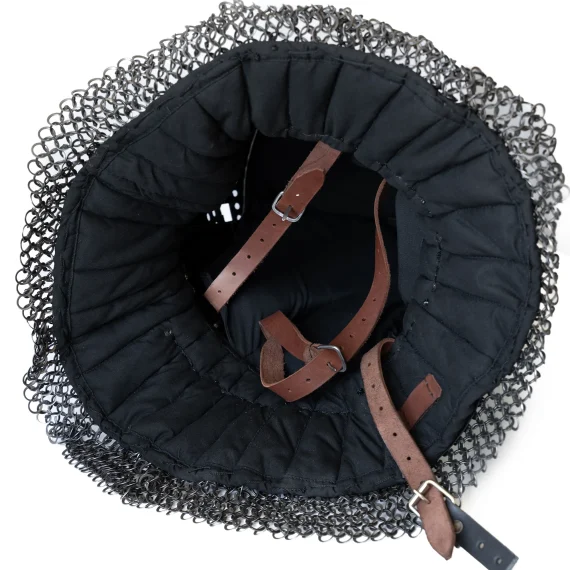 Spoleto bascinet helmet for armored combat with flat visor and riveted chainmail aventail straps
