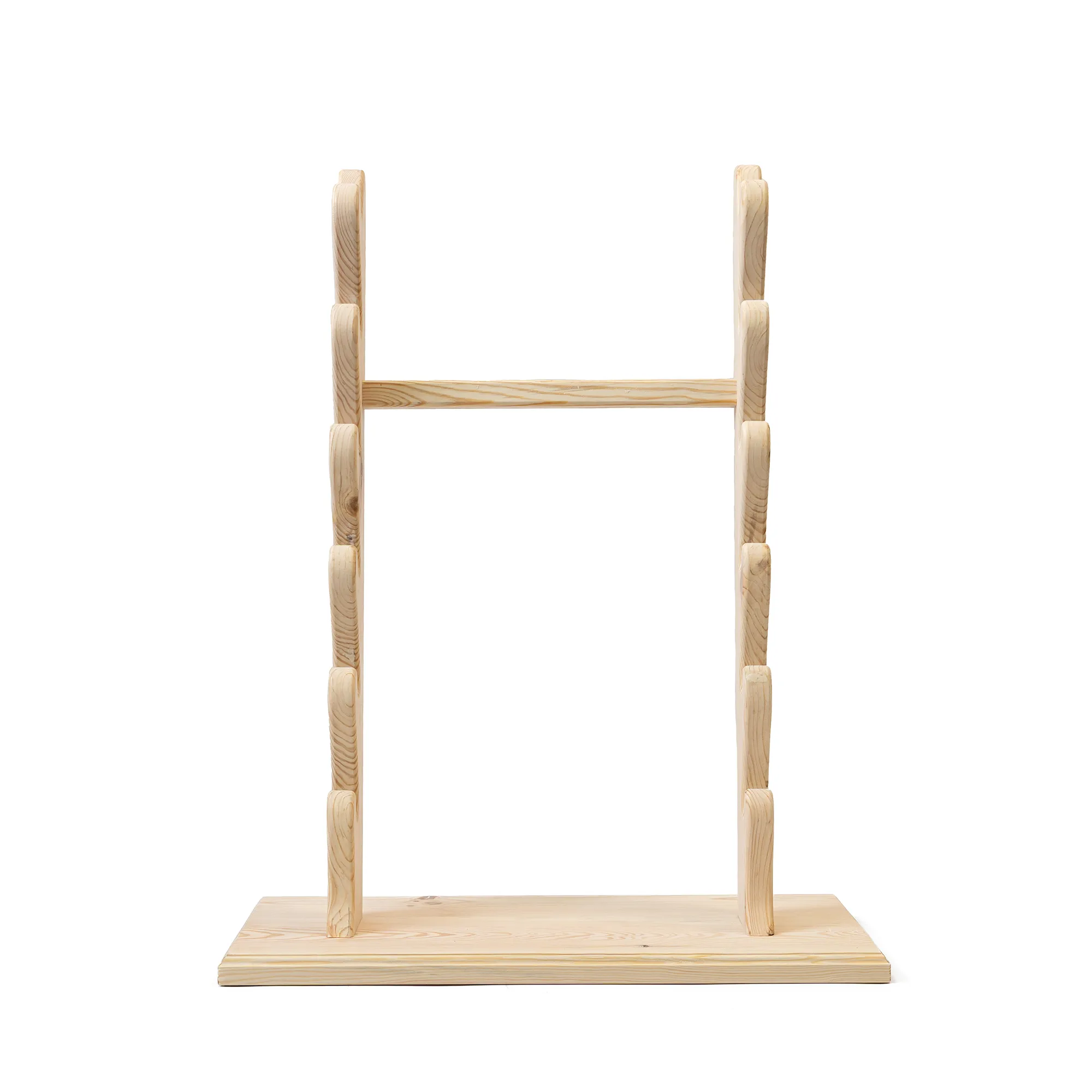 Wooden Sword Display Stand for 6 Swords with 6-slot wooden sword holder design - assembled front