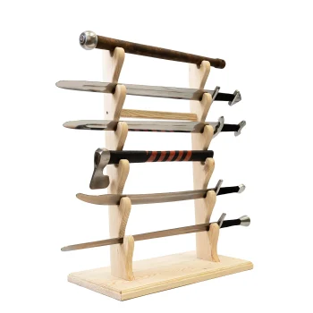 Wooden Sword Display Stand for 6 Swords with 6-slot wooden sword holder design - assembled with swords