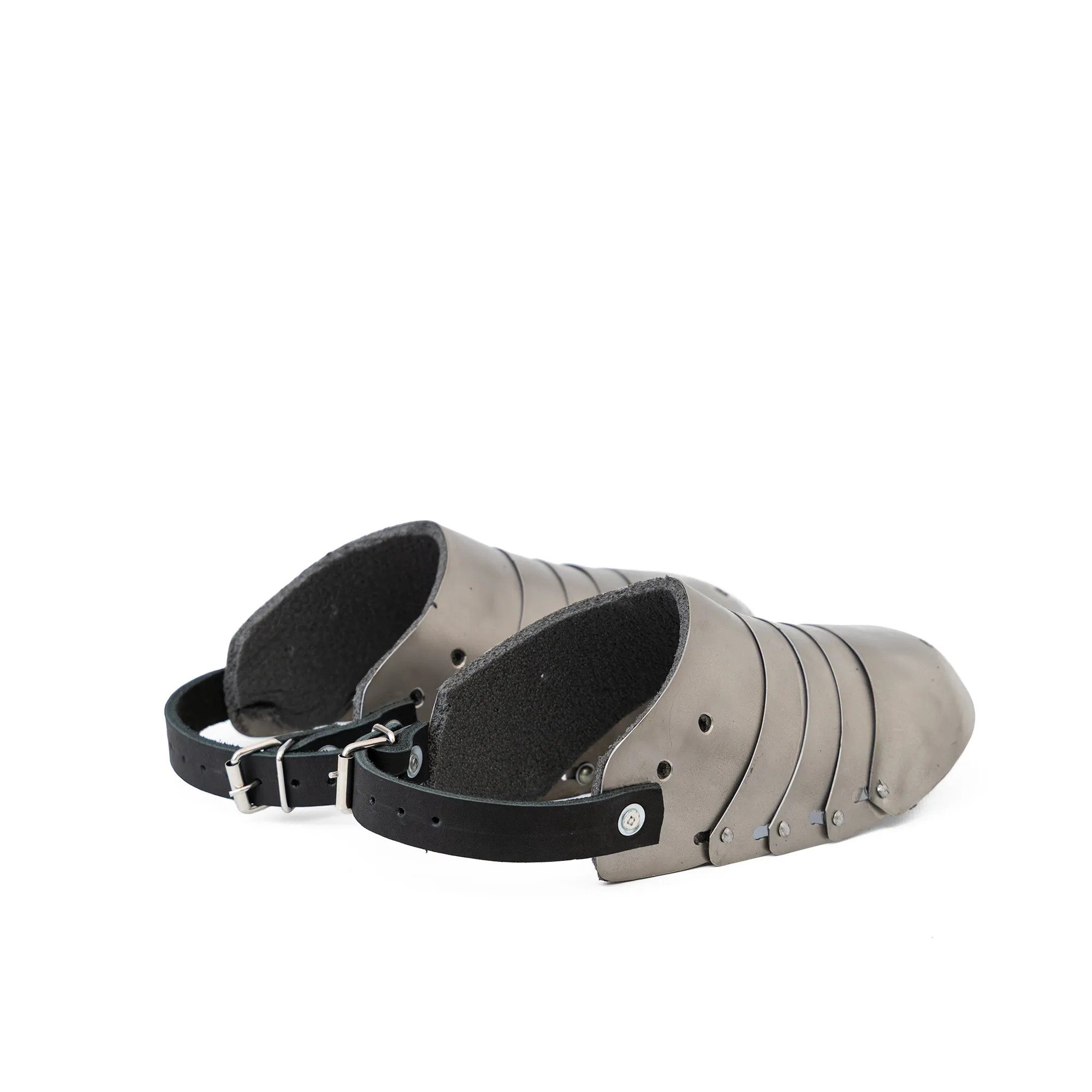 Phantom Sabatons for armored combat with 5 mobile segments and leather boot straps back view