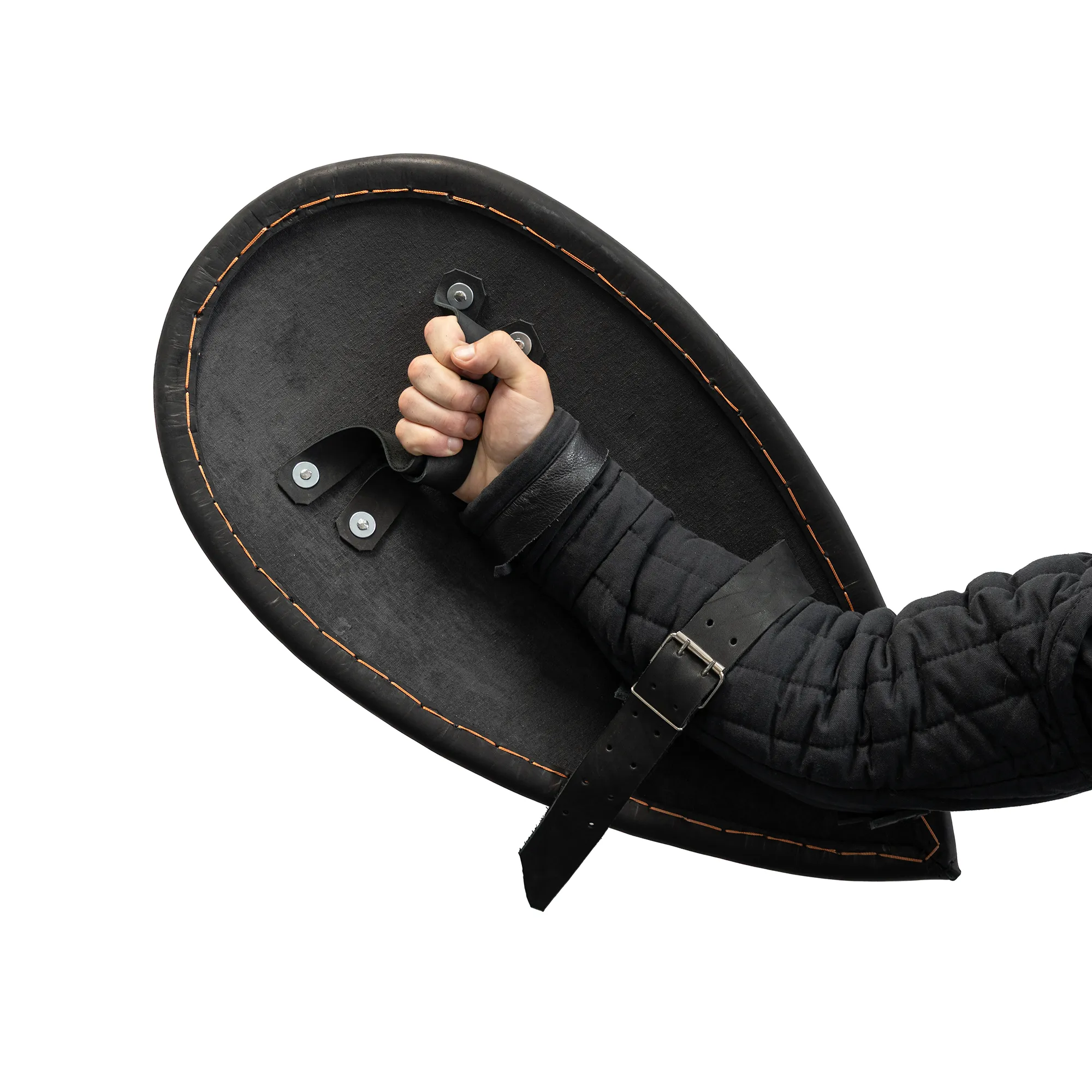 Medium Teardrop Shield for armored combat with teardrop shape and fabric cover in hands from inside - straps