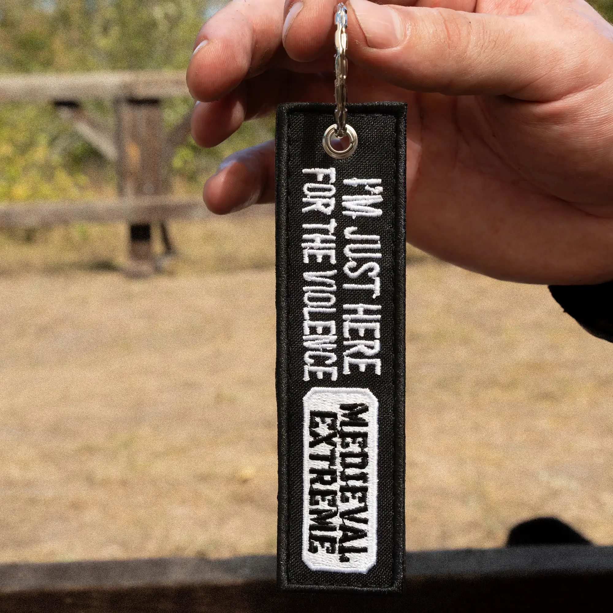 MedievalExtreme I’m Just Here for the Violence double-sided embroidered keychain in hand 2