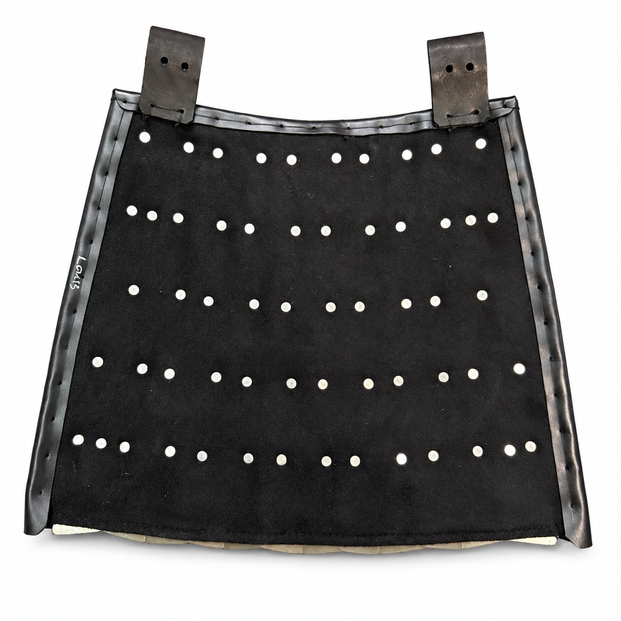 Titanium Groin Protector for Scale Skirt with overlapping plates and leather belt loops cover