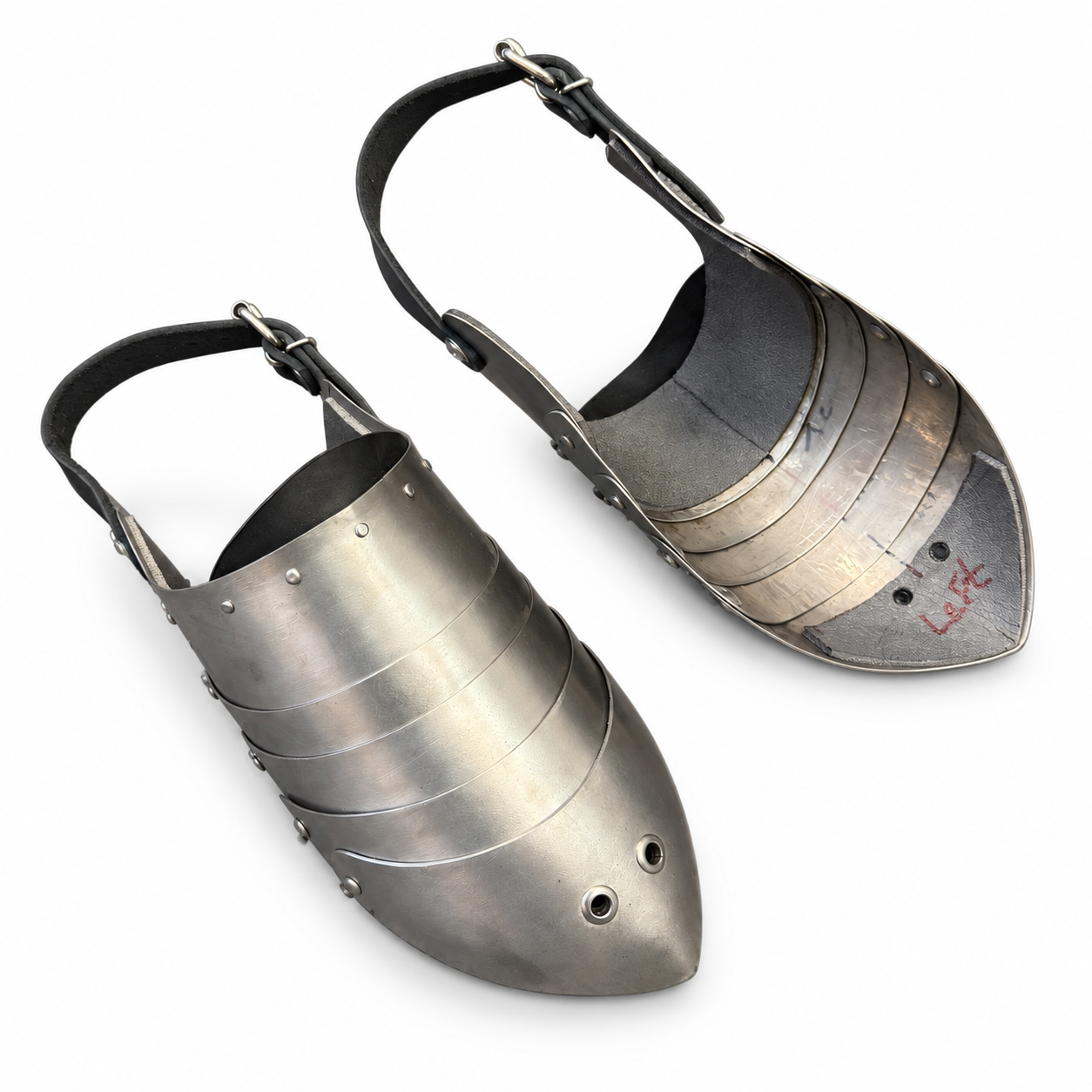 Basic Titanium Sabatons for armored combat with five articulated plates and leather adjustment straps outside and inside