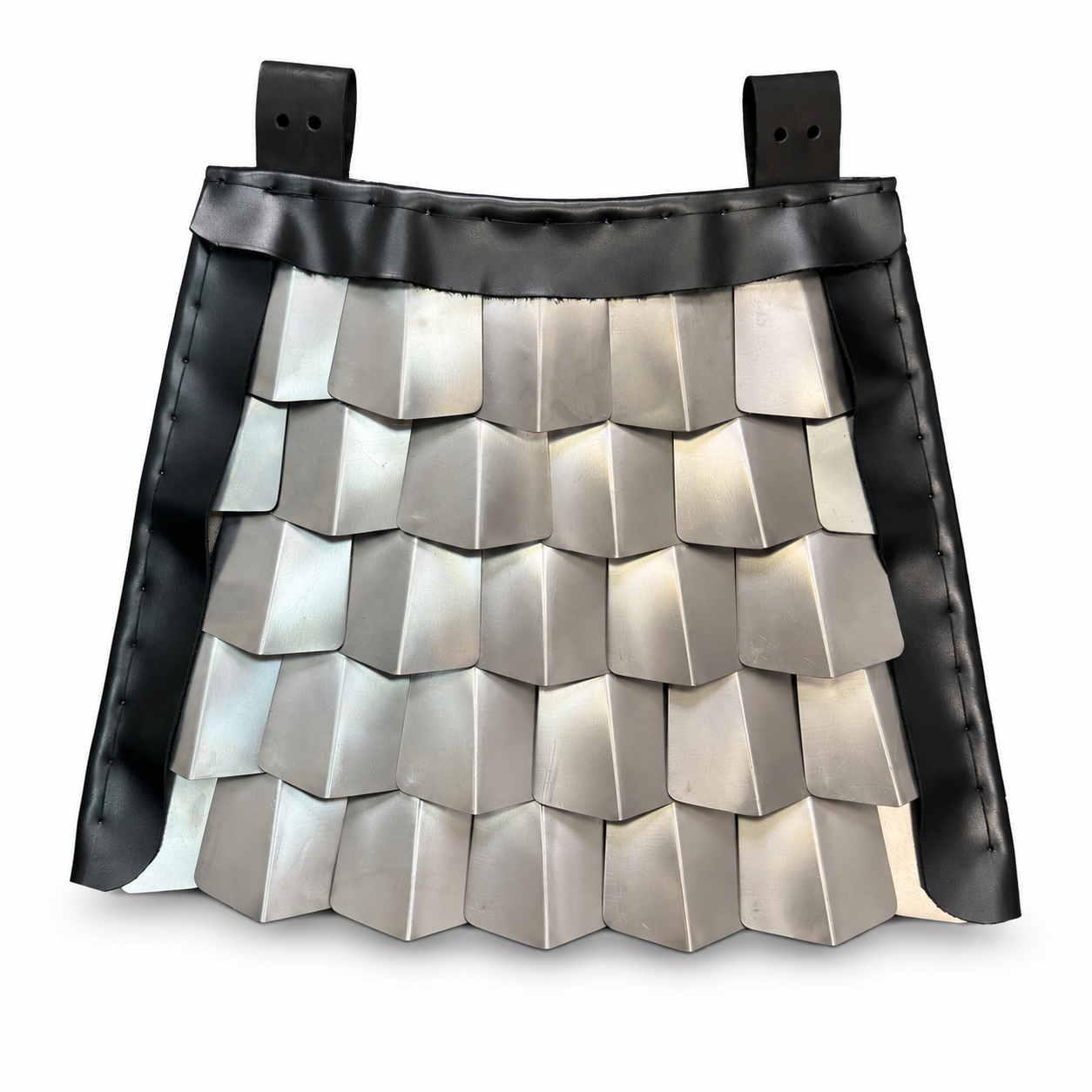 Titanium Groin Protector for Scale Skirt with overlapping plates and leather belt loops front