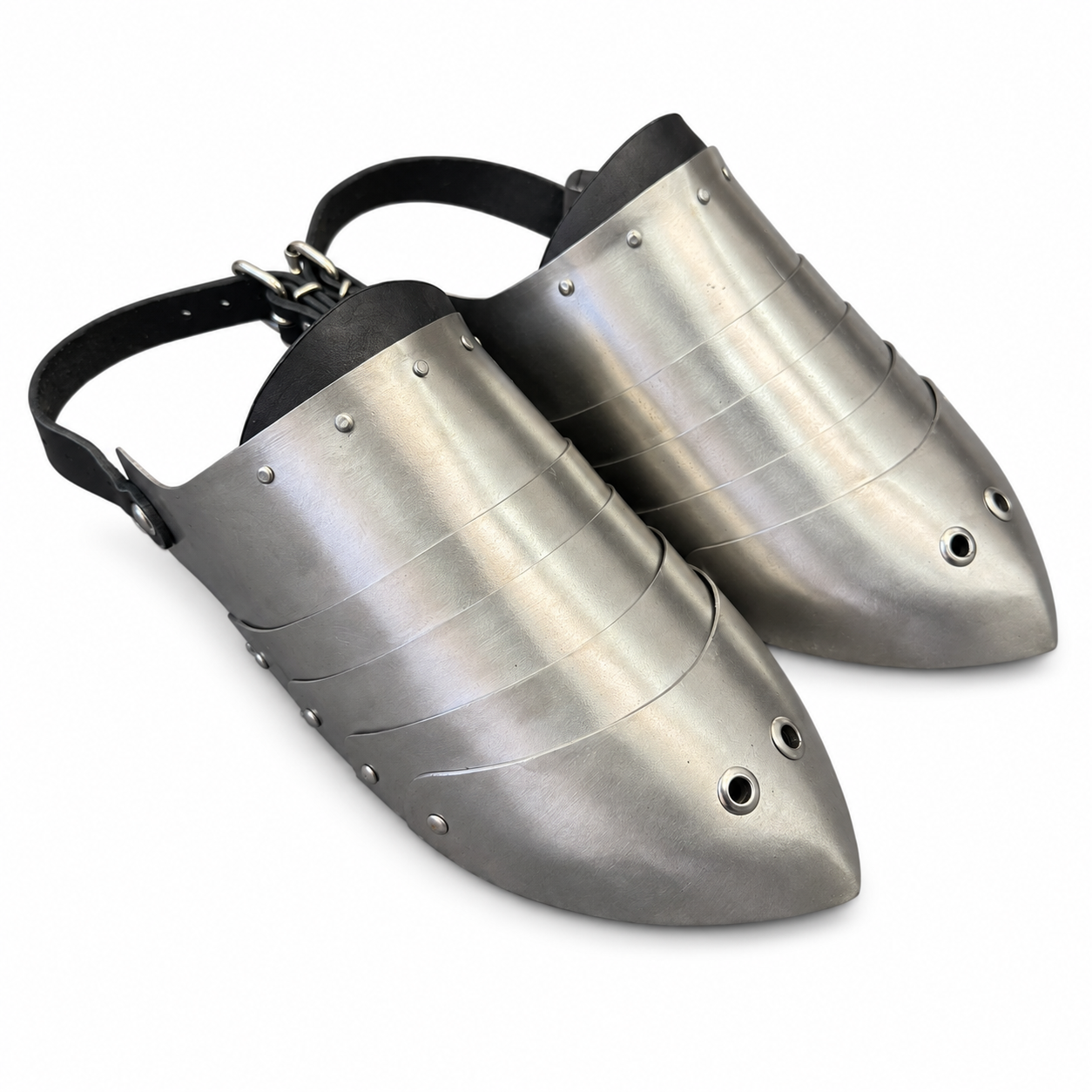 Basic Titanium Sabatons for armored combat with five articulated plates and leather adjustment straps 3/4