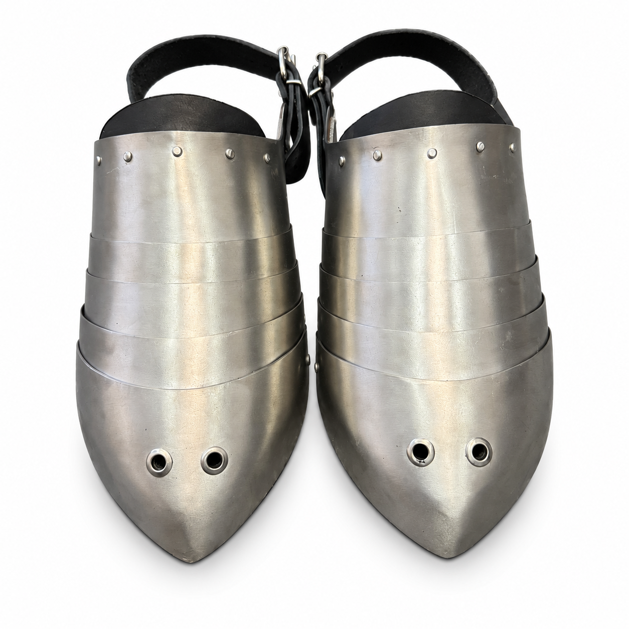 Basic Titanium Sabatons for armored combat with five articulated plates and leather adjustment straps front