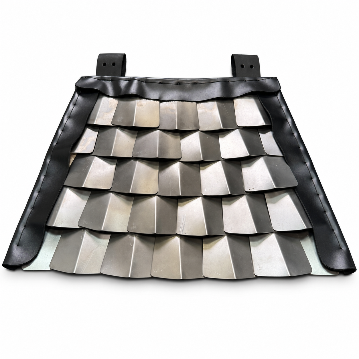 Titanium Groin Protector for Scale Skirt with overlapping plates and leather belt loops plates