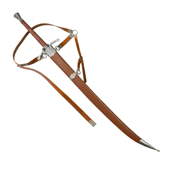 Two-handed saber with light brown leather scabbard and adjustable carrying belt for armored combat inside scabbard