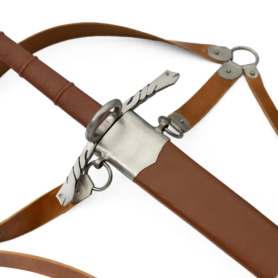 Two-handed saber with light brown leather scabbard and adjustable carrying belt for armored combat crossguard
