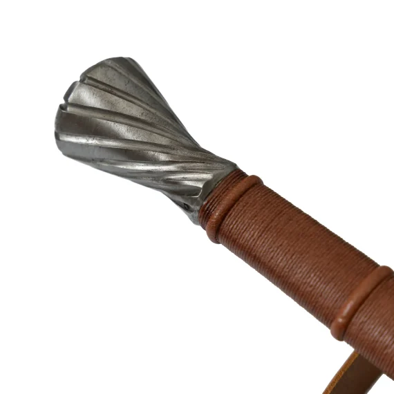 Two-handed saber with light brown leather scabbard and adjustable carrying belt for armored combat pommel
