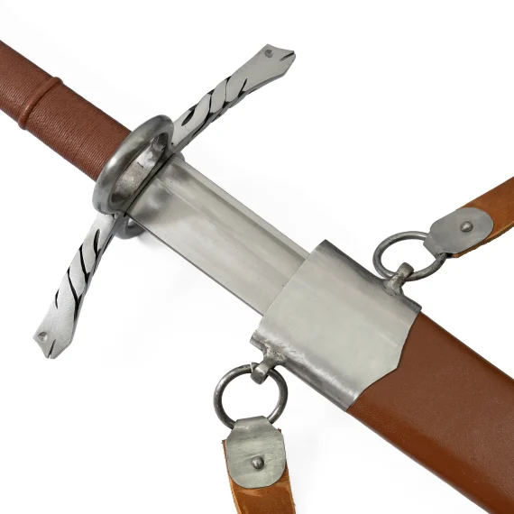 Two-handed saber with light brown leather scabbard and adjustable carrying belt for armored combat furniture