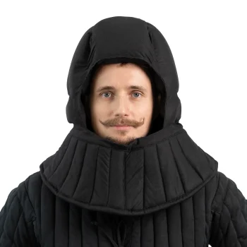 Advanced 5-panel helmet padding for armored combat with adjustable top lacing and padded neck aventail front