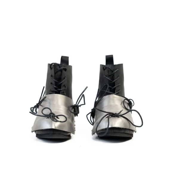 Phantom Sabatons mounted on Advanced Buhurt Boots showing articulated toe protection front