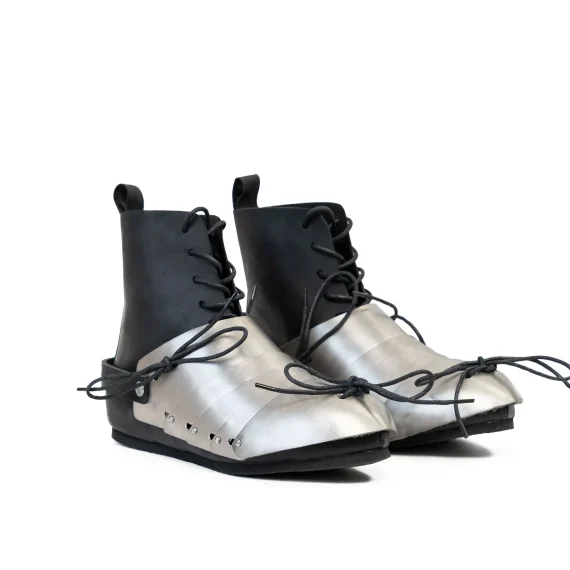 Phantom Sabatons mounted on Advanced Buhurt Boots showing articulated toe protection 3/4